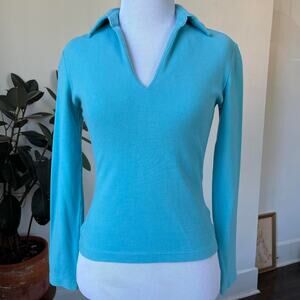 Express Blue V Neck Collared Cotton Blend Long Sleeve Top